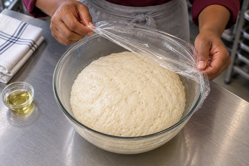 Hands uncover puffy risen English muffin dough in an oiled glass bowl.