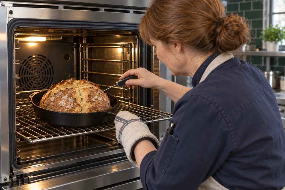 A golden soda bread loaf with an opened cross is checked in its skillet at the oven.