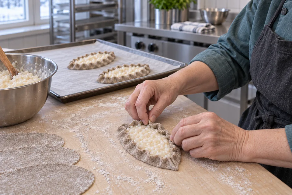 Fingertips pinch a low rye rim around an oval rice-filled pie.