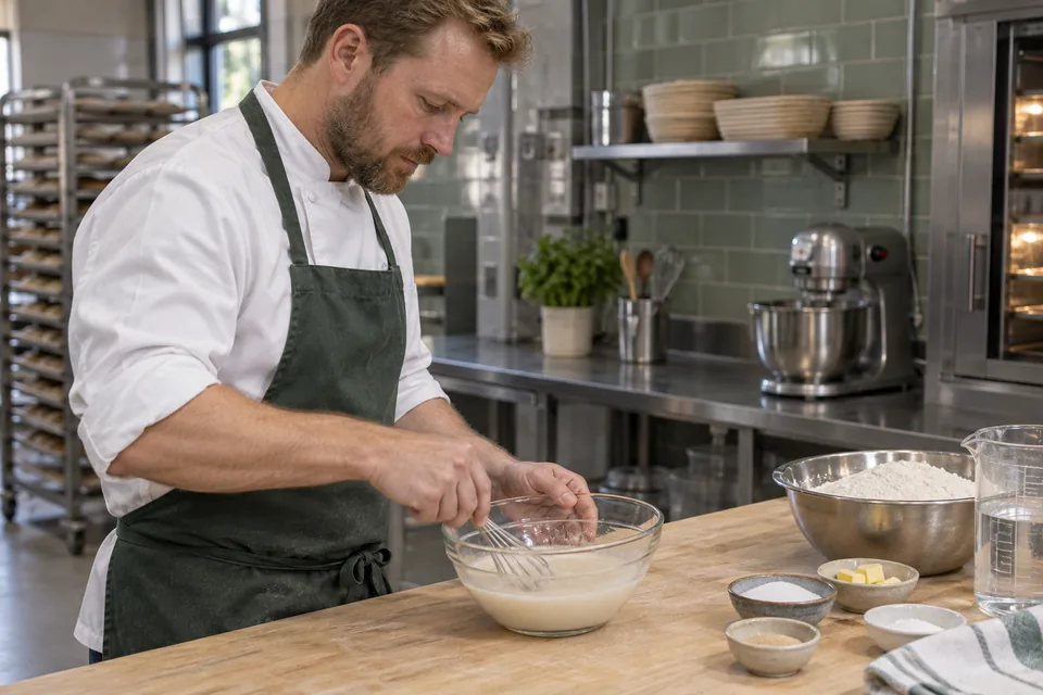 Baker stirs yeast and sugar into cloudy warm water in a glass bowl.