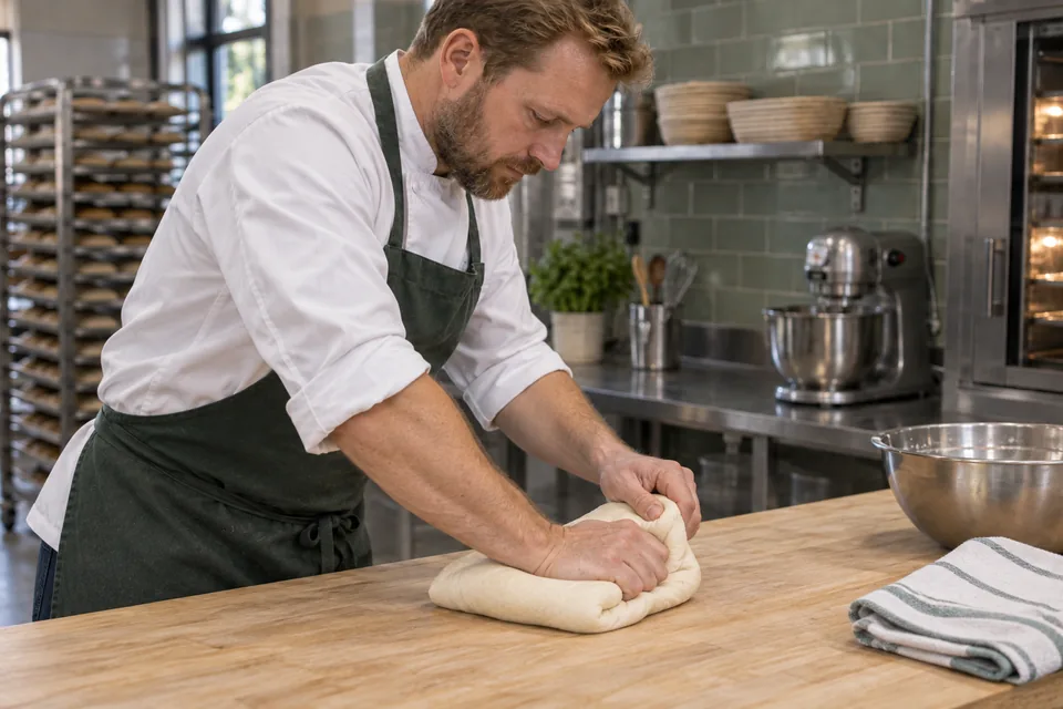 Baker kneads a smooth pretzel dough mass on a wooden board.