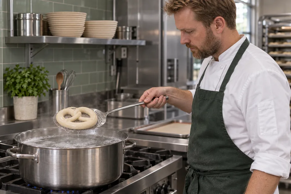 Baker lifts a pale pretzel from a hot water bath on a broad slotted spatula.