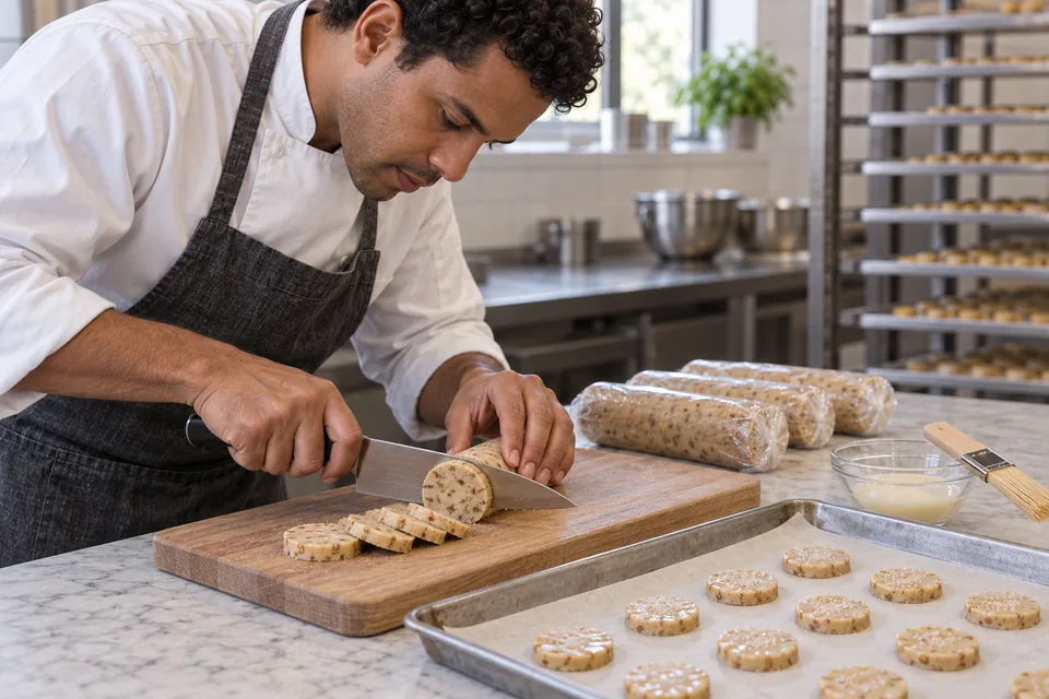 A baker slices a chilled dough log into thin rounds beside a lined tray.