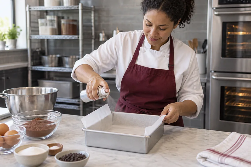 A baker prepares a square pan with parchment and a light coating of oil.