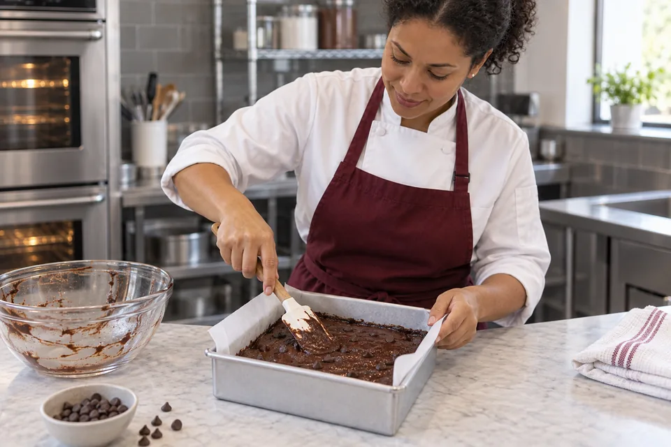 Thick chocolate-chip brownie batter being spread in a square lined pan.
