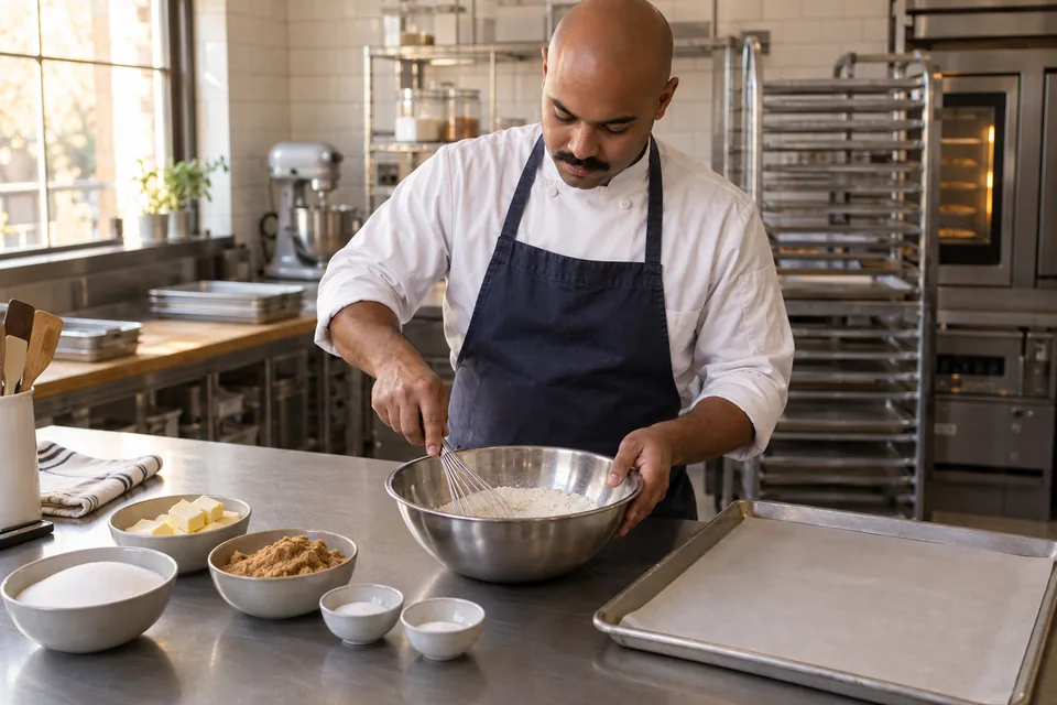 A baker whisks dry ingredients in a stainless bowl.