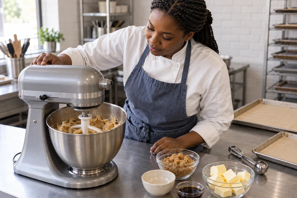 A baker scrapes pale, creamed butter and sugar in a mixer bowl.