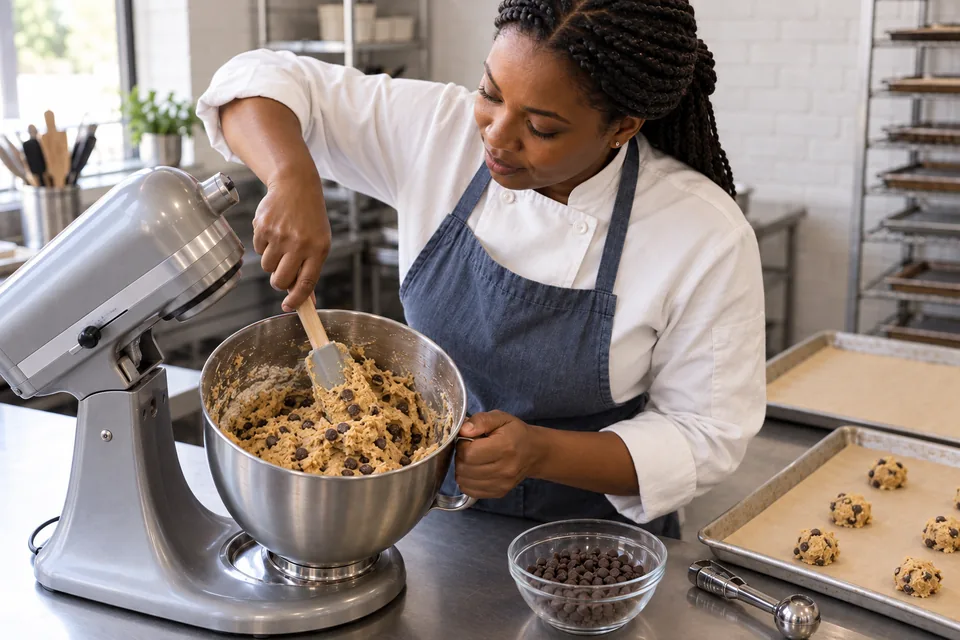 Chocolate chips being folded through soft cookie dough.