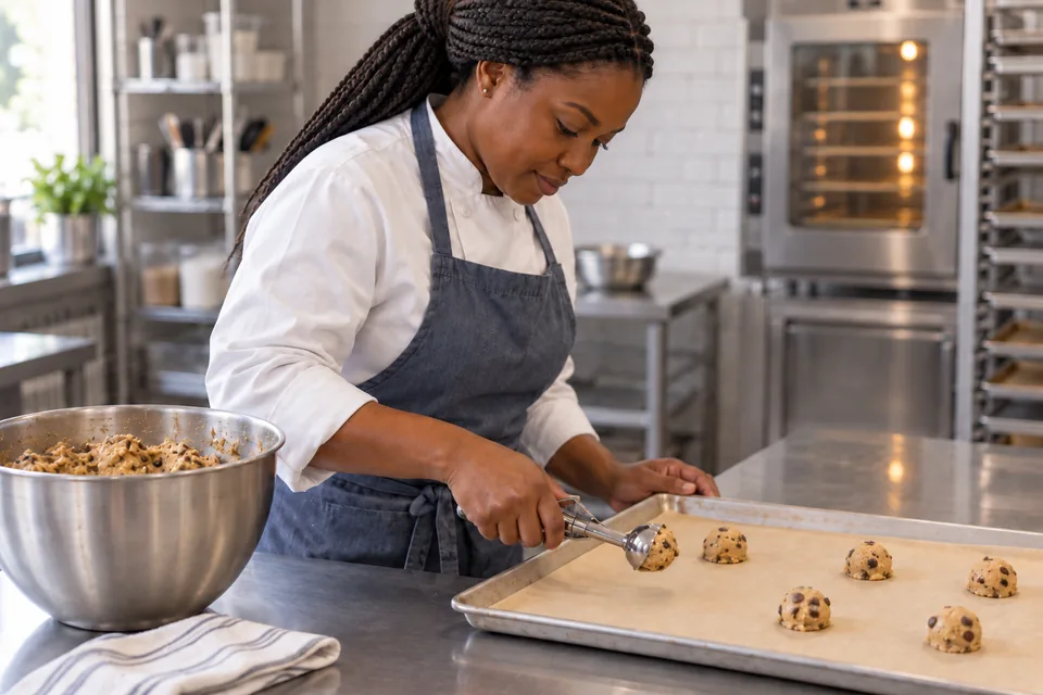 A scoop holds a dough portion above an empty spot on a lined tray.
