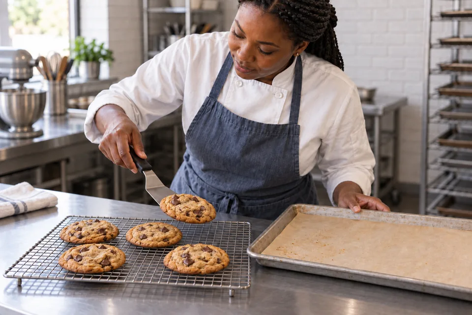 A partial batch of golden chocolate chip cookies cooling on a wire rack.
