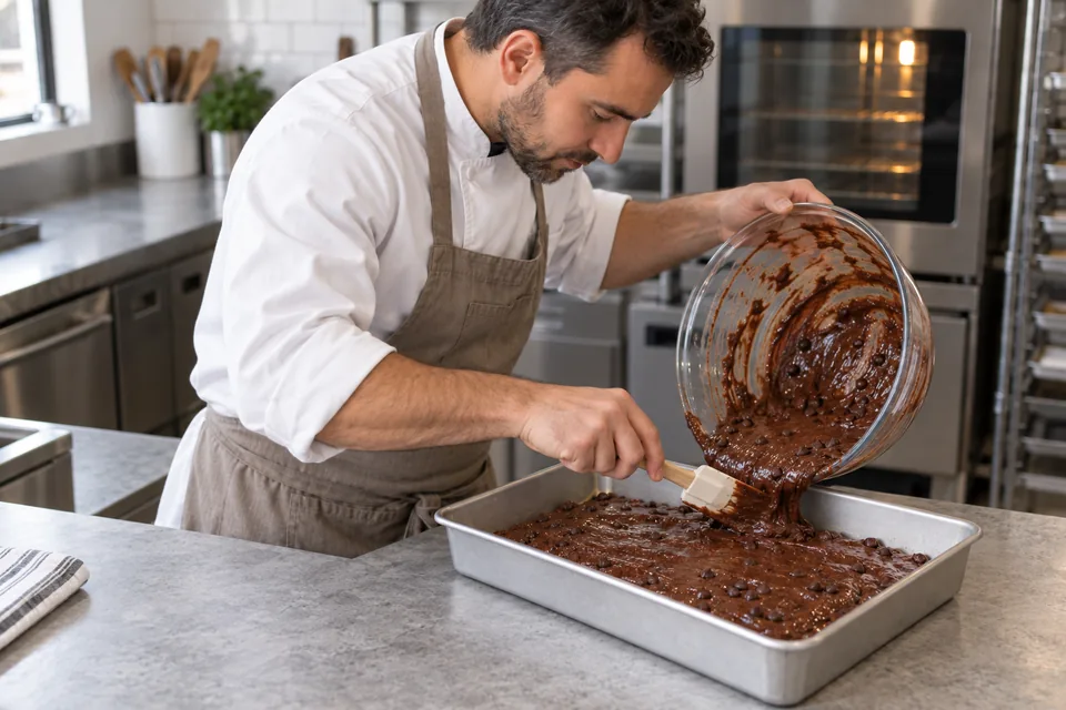 Chocolate-chip brownie batter being spread in a rectangular pan.