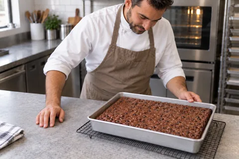 An uncut chocolate-chip brownie slab cools in its rectangular pan on a rack.