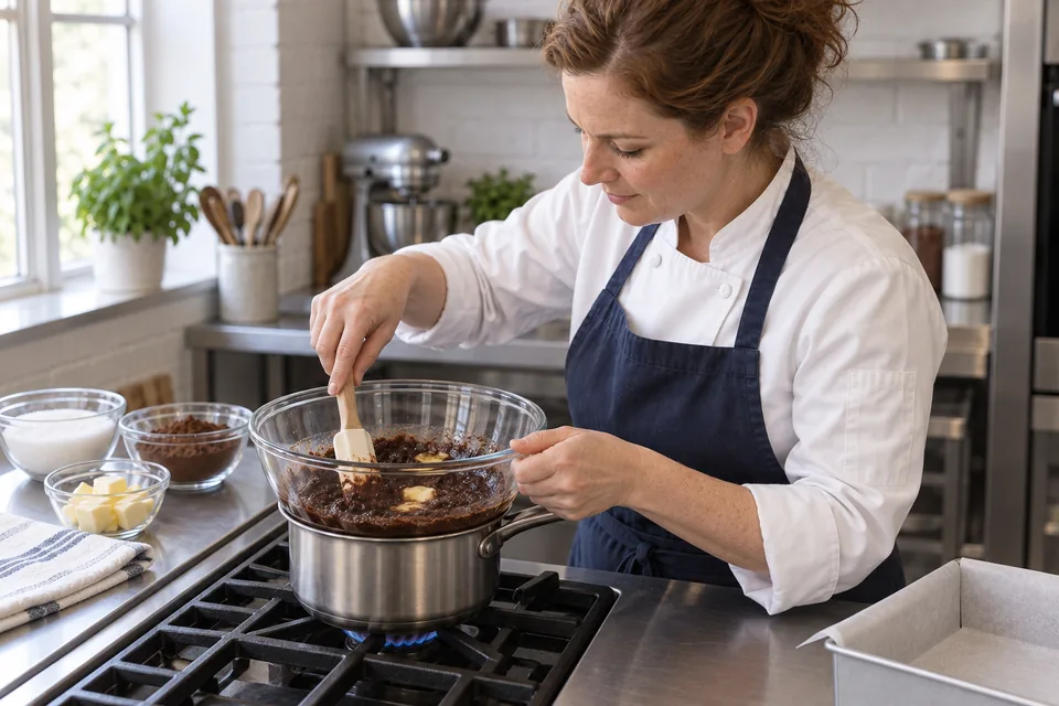 A bowl of cocoa mixture sits above a saucepan as the butter melts.