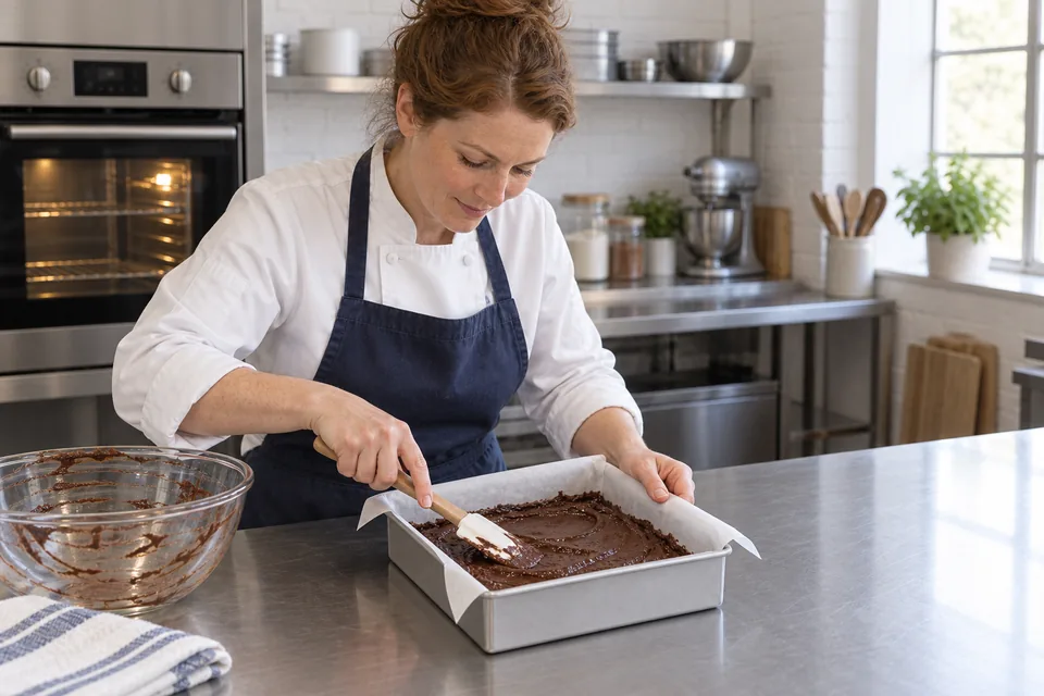 Smooth, thick cocoa batter being spread in a square lined pan.