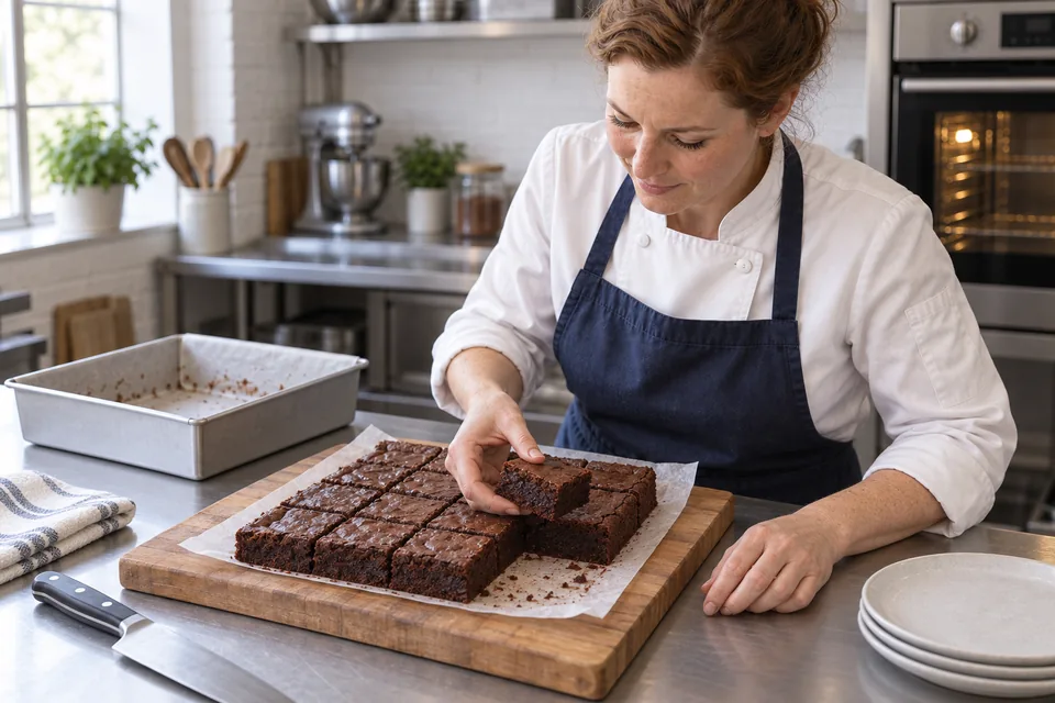 A cooled brownie square is lifted beside its matching gap in the cut slab.