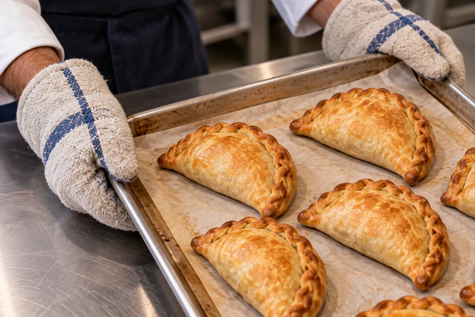 A close view of golden sealed empanadas on a parchment-lined tray held with oven mitts.