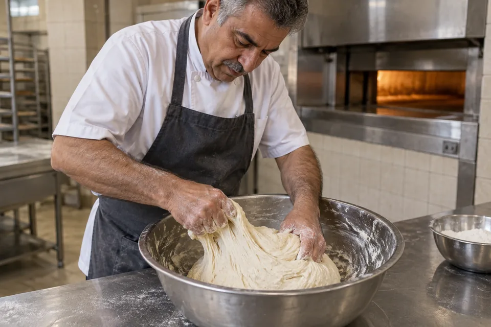 A cook stretches soft sticky dough in a broad mixing bowl.