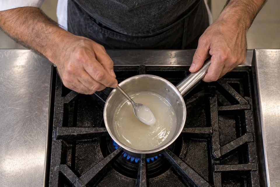 From above, a cook stirs a shallow quantity of pale flour glaze in a small saucepan.