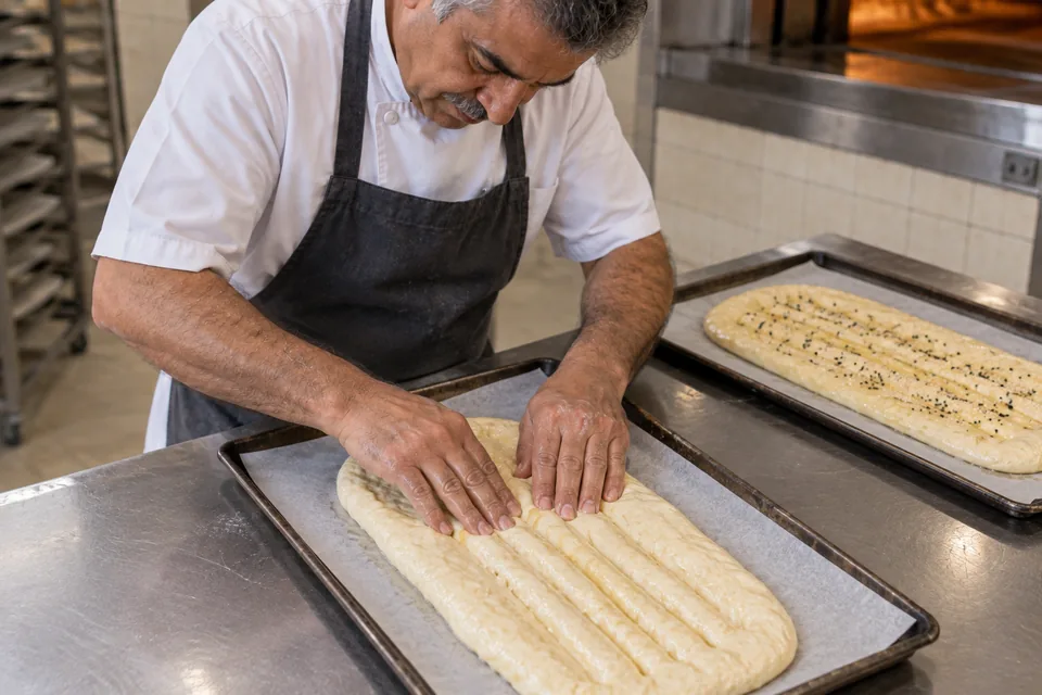 The cook presses long parallel grooves into one flat loaf; the second loaf is glazed and seeded.