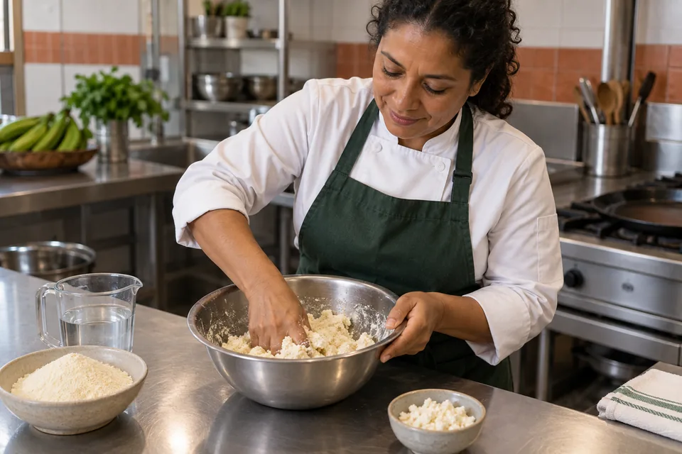 A cook mixes pale corn dough by hand in a steel bowl.