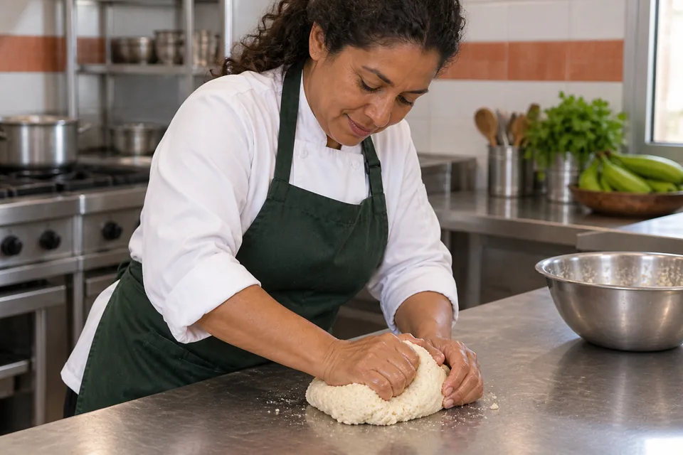 The cook kneads the cohesive corn dough on a steel worktop with damp hands.
