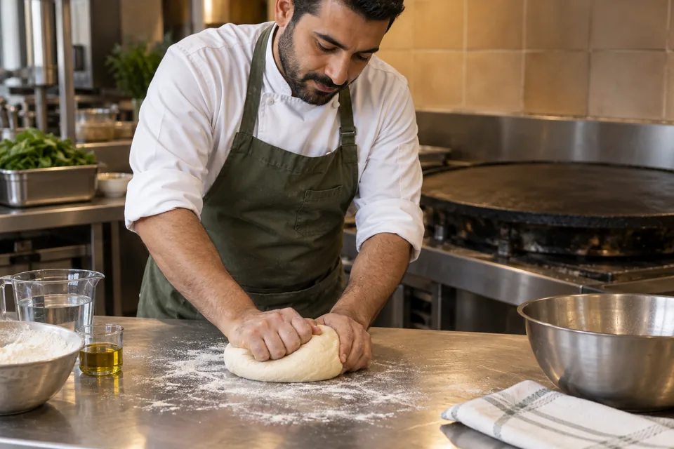 A cook kneads a smooth dough ball on a lightly floured worktop.