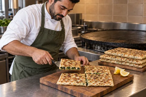 The cook lifts one rectangular quarter of gozleme directly above its matching gap; three quarters remain on the board.