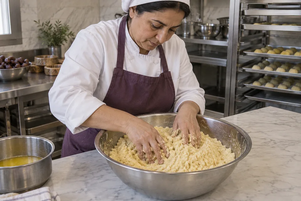 A cook rubs butter through fine semolina to make an evenly coated sandy mixture.