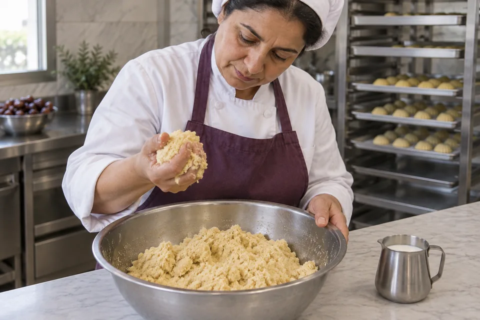 The cook squeezes a handful of semolina dough to check whether it holds together.