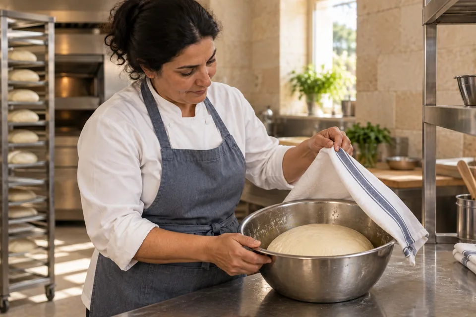 The cook uncovers a bowl containing one puffy dough mound.