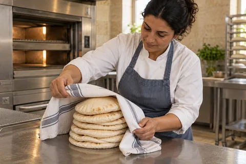 The cook wraps a stack of lightly browned, flexible pitas in a clean towel.