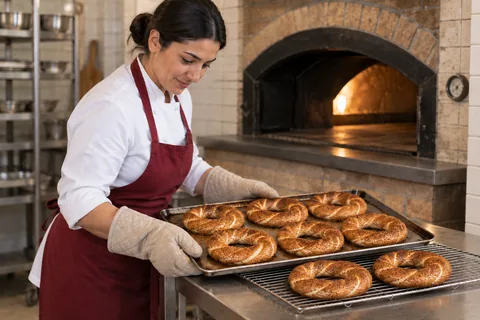 Six golden sesame rings rest on a tray and two matching rings are on the cooling rack.