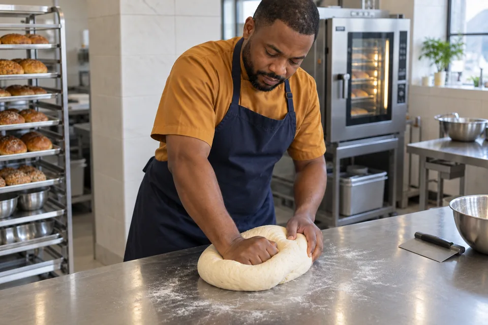 Cook leaning forward to knead a soft buttermilk dough on a lightly floured bench.
