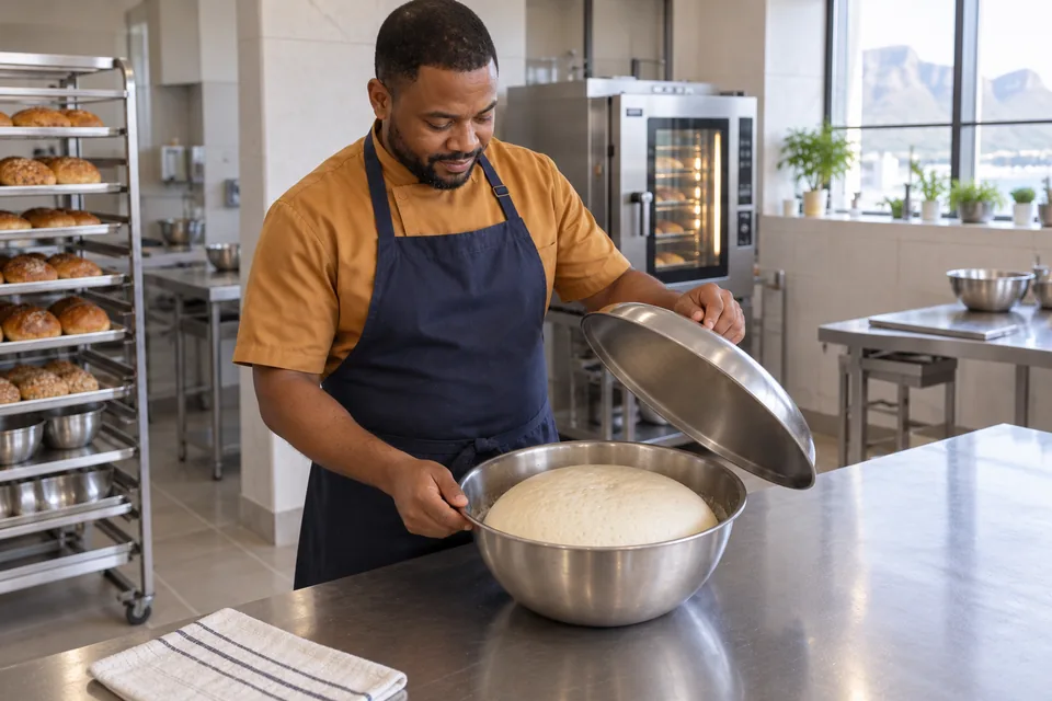 Cook lifting a cover to inspect the domed, risen buttermilk dough.