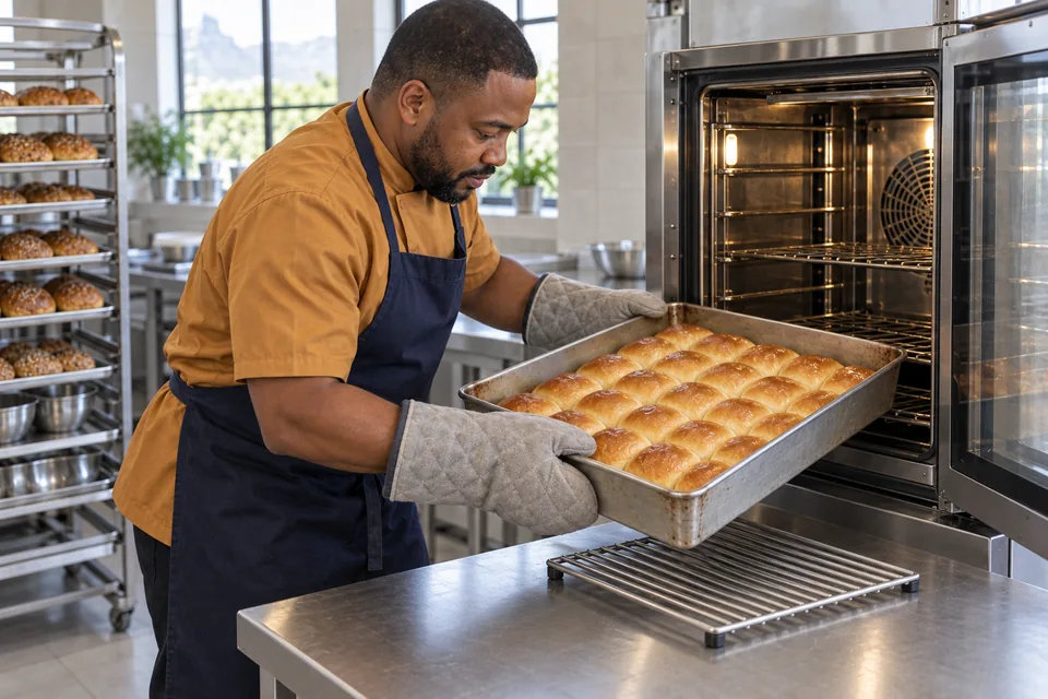 Cook using two oven mitts to remove a pan of golden clustered rolls from the oven.