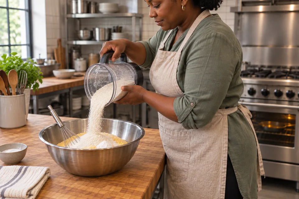 Seen from the side, a cook pours finely ground white grits into a bowl of yellow cornmeal and other dry ingredients.