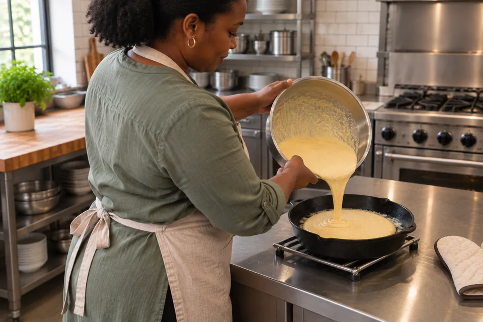 Seen over the cook’s shoulder, batter pours into a buttered hot skillet resting on a metal trivet; both hands hold the mixing bowl.