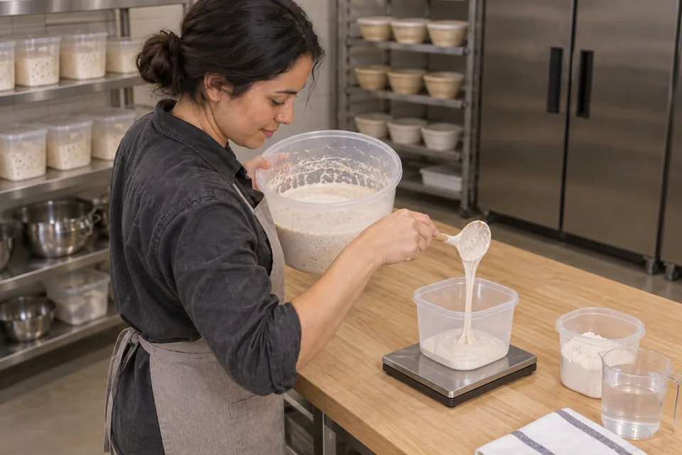 Baker measuring a portion of liquid starter before its next feeding.