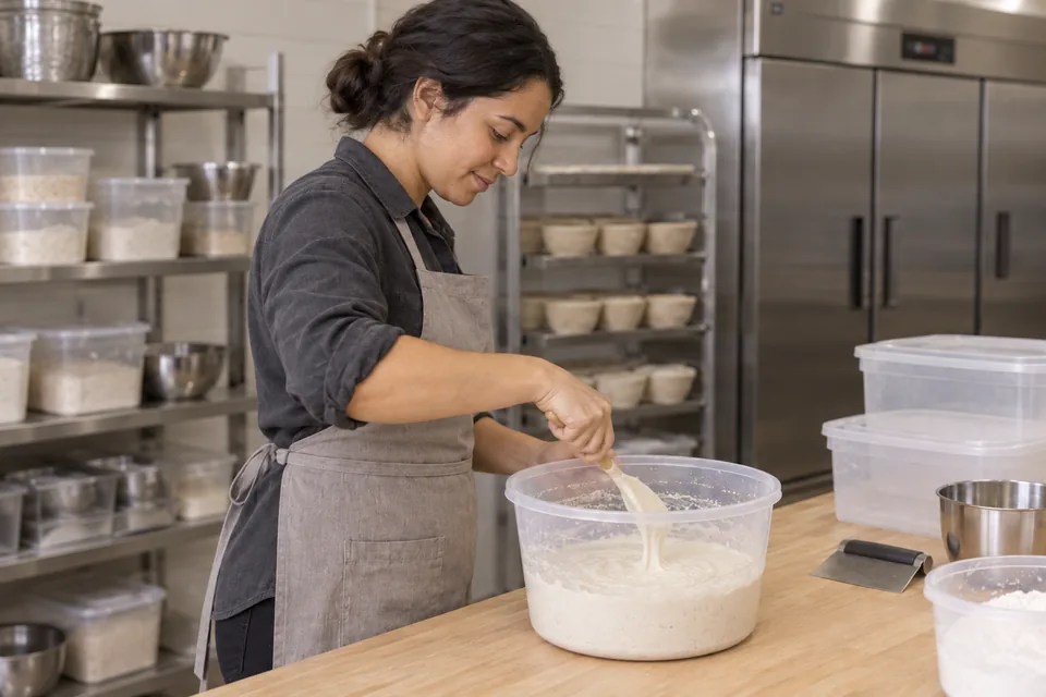 Baker mixing a pale, loose liquid starter in a clear fermentation tub.