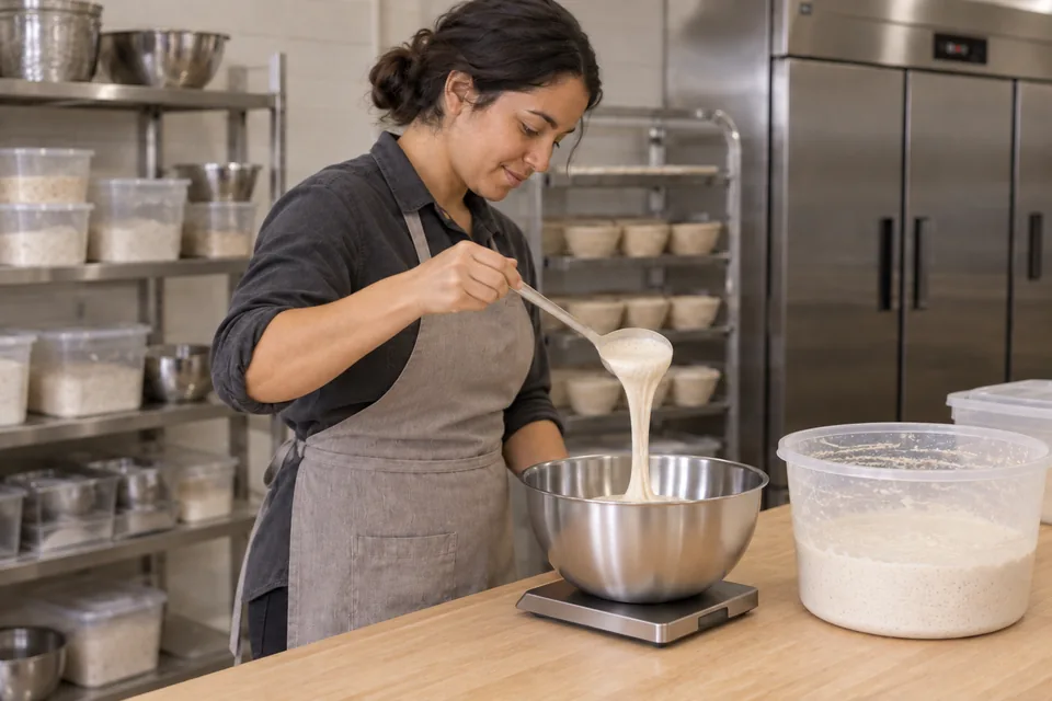 Baker weighing liquid starter into a bowl while keeping the remaining culture in its tub.