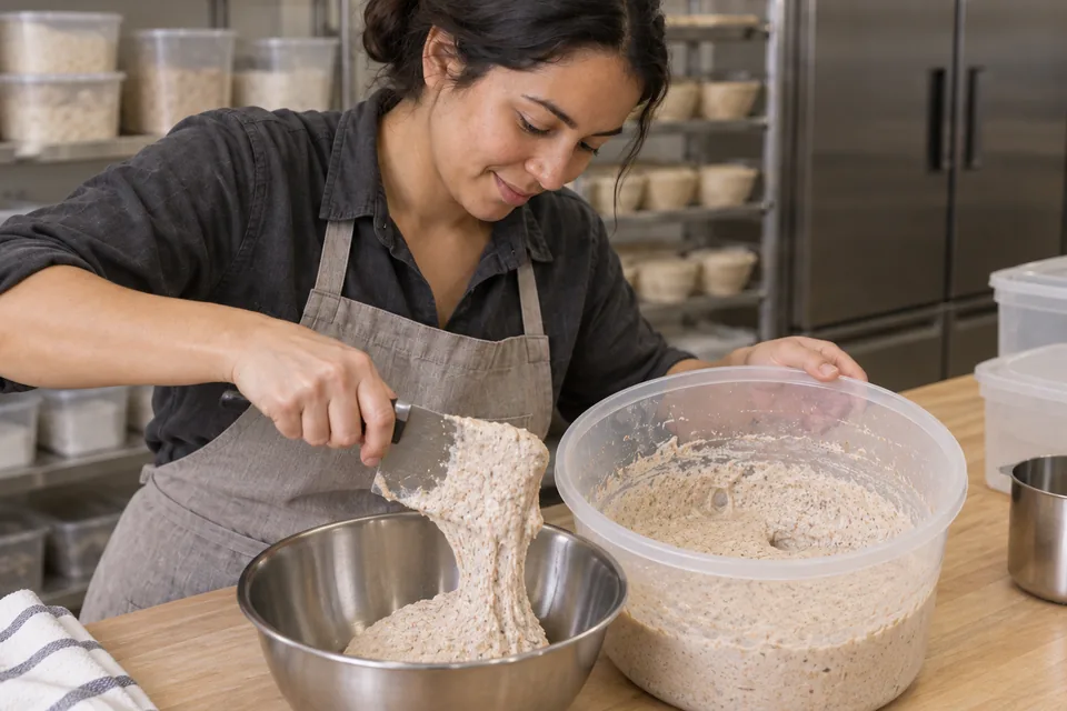 Baker transferring a webbed, bubbly portion of ripe starter into a separate bowl.