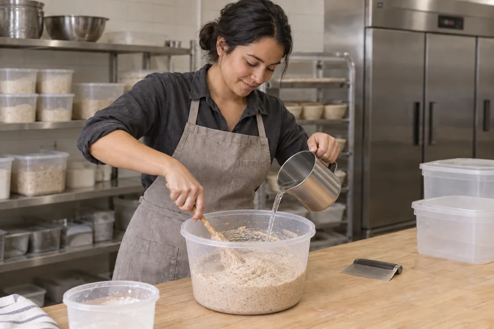 Baker mixing fresh whole-wheat flour and water into the retained starter.