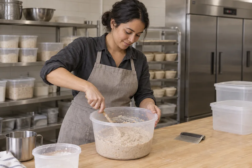 Baker stirring a fresh whole-wheat flour-and-water mixture in a clear fermentation tub.