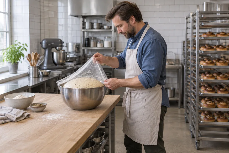 Standing side-on at the bench, the chef lifts the cover from doubled cardamom dough in a metal bowl.