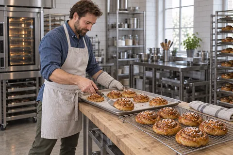 The chef stands beside the cooling bench, using a spatula to move golden pearl-sugar cinnamon buns from their tray to a rack.