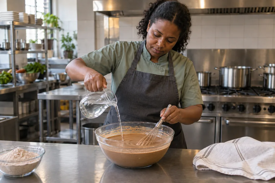 Cook adding water in a small stream while stirring the combined teff batter.