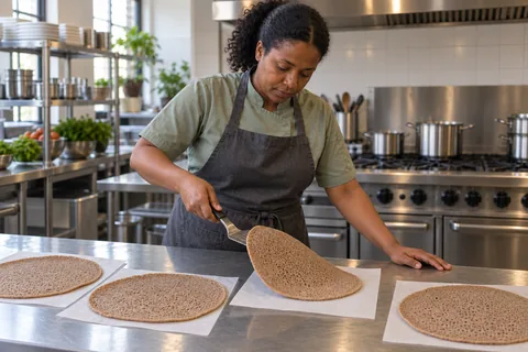 Cook placing a flexible injera round on parchment beside separately cooling rounds.