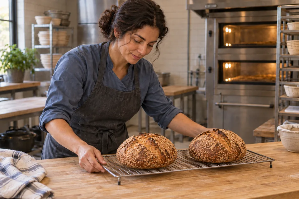 A baker sets down a cooling rack with two intact, deeply browned round loaves coated in fine toasted bran.