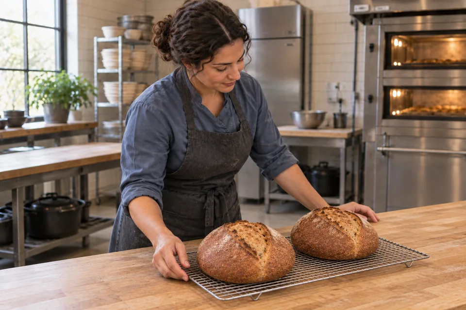 A baker arranges two intact, deep-brown whole-wheat loaves with plain crusts on a cooling rack.