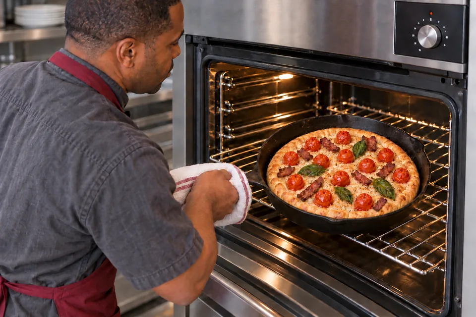 The skillet pizza finishes baking with twelve roasted whole cherry tomatoes, eight short turkey-bacon pieces and four cooked basil leaves, without cheese.